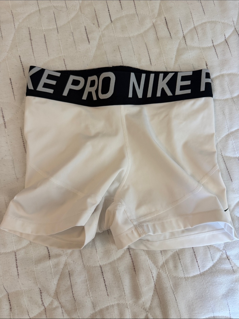 Nike Pro Women's White Athletic Compression Shorts with Black Logo Waistband